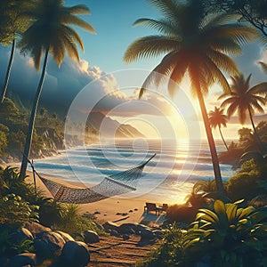 Coastal scene with palm trees and a hammock overlooking thewav