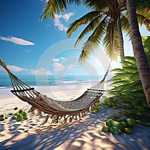 coastal scene with palm trees and a hammock overlooking thewav