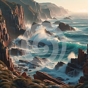 Coastal scene with waves breaking against a rocky shorefront,p photo
