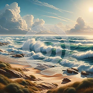 Coastal scene with waves breaking on a sandy beach, photoreais