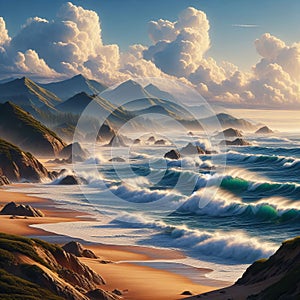 Coastal scene with waves breaking on a sandy beach, photoreais