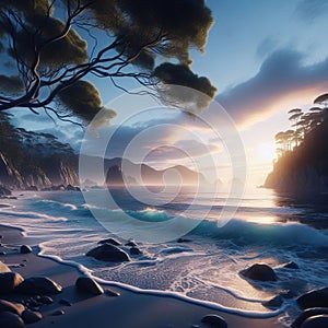 Coastal scene with waves gently lapping at the shore, photorea photo