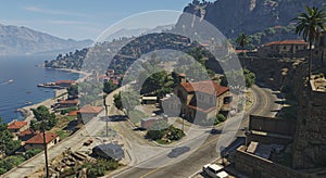 Coastal scenery with winding roads and hillside homes featuring Mediterranean- photo