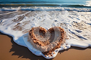 Coastal sentiment Heart drawn on beach sand, embraced by rolling wave backdrop