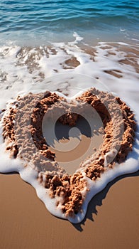 Coastal sentiment Heart drawn on beach sand, embraced by rolling wave backdrop