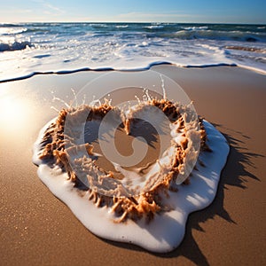 Coastal sentiment Heart drawn on beach sand, embraced by rolling wave backdrop