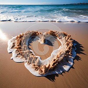 Coastal sentiment Heart drawn on beach sand, embraced by rolling wave backdrop