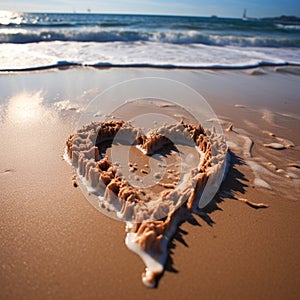 Coastal sentiment Heart drawn on beach sand, embraced by rolling wave backdrop