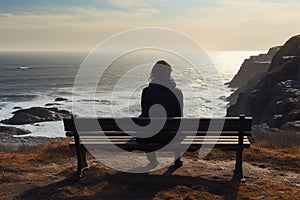 Coastal serenity lone girl in black on cliff bench, contemplating