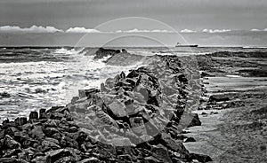 Coastal South Jetty and Ship in black and white