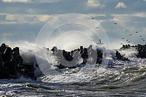 Coastal storm in the Baltic Sea, big waves crash against the harbor breakwater, breaking wave