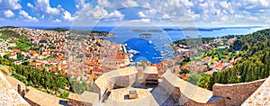 Coastal summer landscape, panorama from the fortress - top view of the town of Hvar, on the island of Hvar