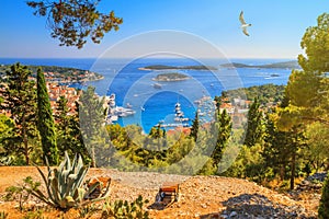 Coastal summer landscape - top view of the City Harbour of the town of Hvar and the Paklinski Islands, the island of Hvar
