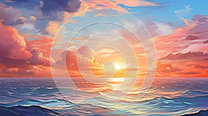 Coastal sunset Sun sinks, painting sky beneath horizon.AI Generated