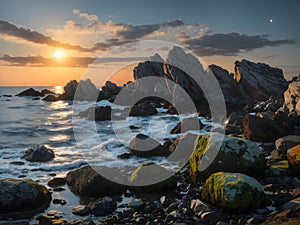 Coastal Symphony: Twilight Harmony of Boulders, Seaweed, Sun, and Moon