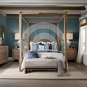 A coastal-themed bedroom featuring a canopy bed, sea-blue walls, nautical decor, and driftwood accents3