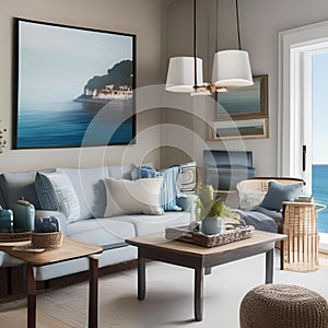 A coastal-themed living room with nautical decor and a palette of blues and whites2