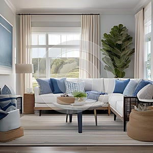 A coastal-themed living room with nautical decor and a palette of blues and whites1