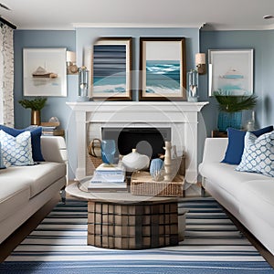 A coastal-themed living room with nautical decor and a palette of blues and whites3