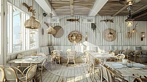 Coastal-Themed Restaurant With Wooden Furniture and Woven Decor at Noon