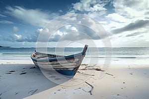Coastal tranquility, Weathered boat adrift on white beach, under cloudy sky