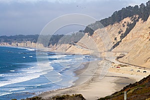 Coastal view of Big Sur landscape and scenery, with pacific ocean and rocks on the coastline during sunset.California, USA