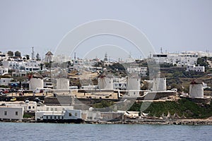 Coastal view of the Cyclades island of Mykonos with its famous windmills-Greece