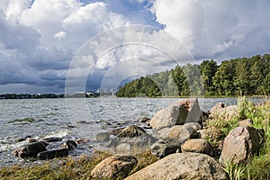 Coastal view and heavy rain clouds, Karhusaari