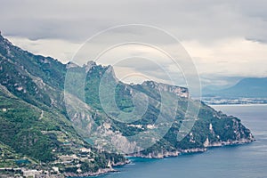 Coastal View seen from The Terrace of Infinity or Terrazza dell`Infinito, Villa Cimbrone, Ravello  village, Amalfi coast of Italy photo