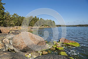 Coastal view in summer, stones, sea and forest