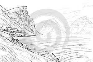 Coastal Village Mountain Sketch A serene line drawing of a coastal village nestled between majestic mountains and a tranquil photo