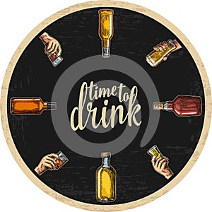 Coaster for alcohol drinks with bottle and hand holding glass with beer, whiskey, tequila, rum.