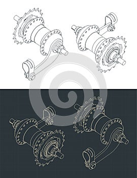 Coaster brake hub isometric blueprints