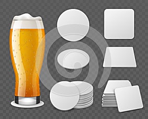 Coasters with beer. Realistic glass with drink, blank paper round and square shapes, different angles view, single