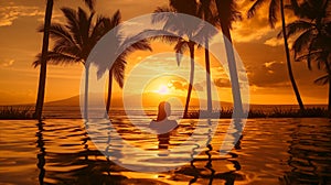 Coasting a warm golden glow over the scene, a person reclines in a swimming pool, as the sun sets, AI generated photo
