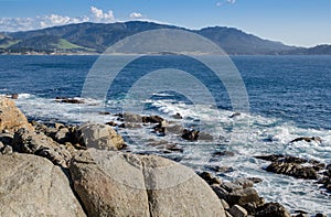 Coastline along the 17 Mile Drive in Pebble Beach of  Monterey Peninsula. California. Large waves coming to rocks