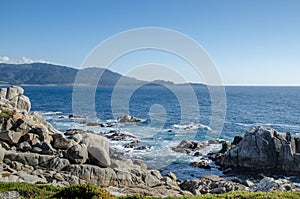 Coastline along the 17 Mile Drive in Pebble Beach of  Monterey Peninsula. California. Large waves coming to rocks