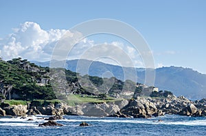 Coastline along the 17 Mile Drive in Pebble Beach of  Monterey Peninsula. California. Large waves coming to rocks