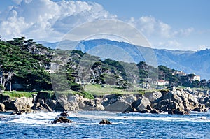 Coastline along the 17 Mile Drive in Pebble Beach of  Monterey Peninsula. California. Large waves coming to rocks