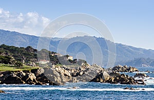 Coastline along the 17 Mile Drive in Pebble Beach of  Monterey Peninsula. California. Large waves coming to rocks