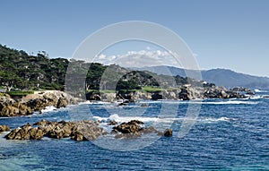 Coastline along the 17 Mile Drive in Pebble Beach of  Monterey Peninsula. California. Large waves coming to rocks