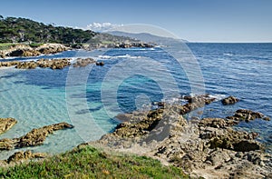 Coastline along the 17 Mile Drive in Pebble Beach of  Monterey Peninsula. California. Large waves coming to rocks