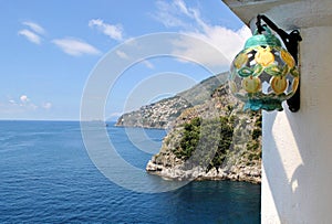 Coastline Amalfi old Italian town beautiful landscape blue sky sea bay high mountains lamp background