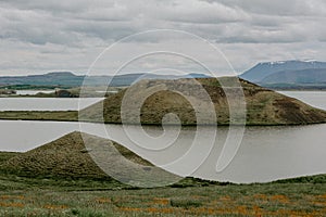 The coastline around the pond Stakholstjorn with pseudo craters - natural monument near Lake Myvatn in Northern Iceland