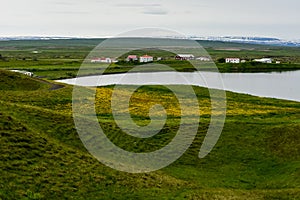 The coastline around the pond Stakholstjorn with pseudo craters - natural monument near Lake Myvatn in Northern Iceland