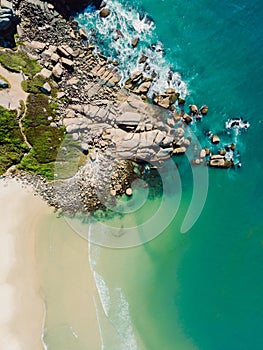 Coastline with beach and ocean in Brazil. Aerial view of Praia da Galheta in Floripa. Top view