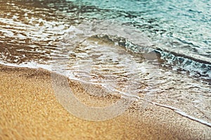 Coastline beach on sunny day background of ocean and sky, gold sand close up blur, tourism relax calm concept, seascape