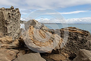 Coastline with big rocks and blue sea on background, Auckland, New Zealand