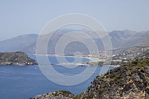 Coastline of Calabria, aerial view, San Nicola Arcella, province of Cosenza. Beach and Tyrrhenian Sea, coves