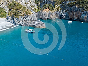 Coastline of Calabria, coves and promontories overlooking the sea. Italy. Aerial view, San Nicola Arcella